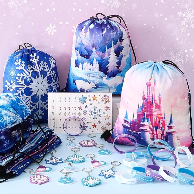 Golray Frozen Party Favors Elsa Birthday Supplies Girls Kids, Drawstring Bags Silicone Bracelets Keychain Tattoo Sticker Frozen Goodie Bag Stuffer Filler Elsa Frozen Birthday Party Favors Supplies