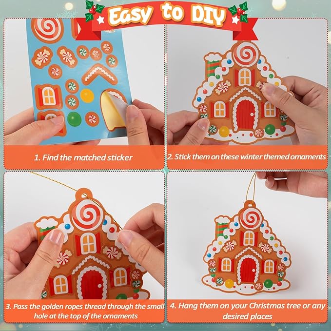 GuassLee Christmas Ornaments Art and Crafts for Kids - 28pcs DIY Christmas Gingerbread House Cutouts with Christmas Lollipop Candy Cane Stickers for Xmas Tree Home Party Favors Classroom Art Activity