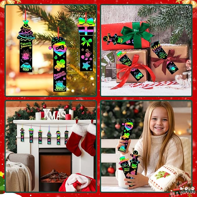 AUGSUN 96Pcs Christmas Scratch Bookmarks, Cute Christmas Tree Santa Snowman DIY Crafts Kit Rainbow Magic Scratch Paper Art for Xmas Hanging Ornaments Christmas Party Favors
