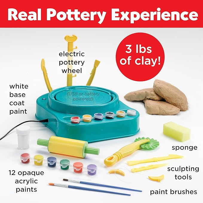 Faber-Castell Pottery Studio - Kids Pottery Wheel Kit for Ages 8+, Complete Pottery Wheel and Painting Kit for Beginners, 3 lbs of Sculpting Clay and Tools