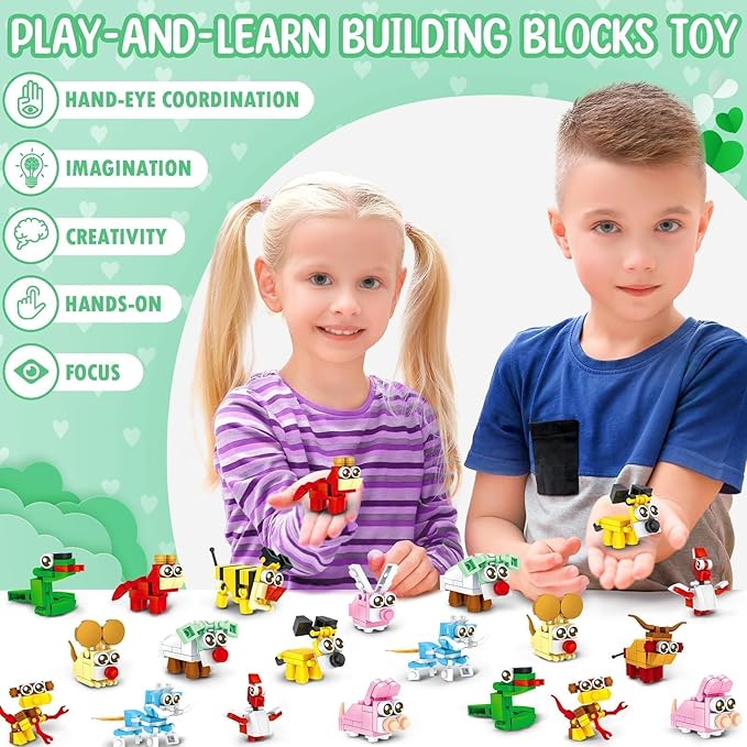 Valentines Day Gifts for Kids - 24 Pack Animal Building Block Set with Valentines Day Cards for Kids Classroom School, Kid Party Favors Goodie Bags Bulk Classmate Exchange Gift Classroom Prize