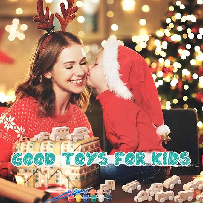 Wooden Cars,Come with 18 Pcs Unfinished Wooden Cars to Paint for Kids and 1set Paint Colors, 2 pcs Wooden Car Sticker