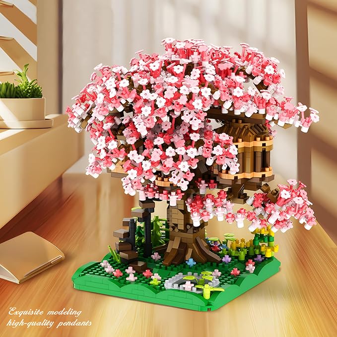Cherry Blossom Bonsai Tree House Building Blocks Set Plants Pink Flowers Treehouse Architecture Micro Mini Block Gift for Adults and Children 1500 Pieces