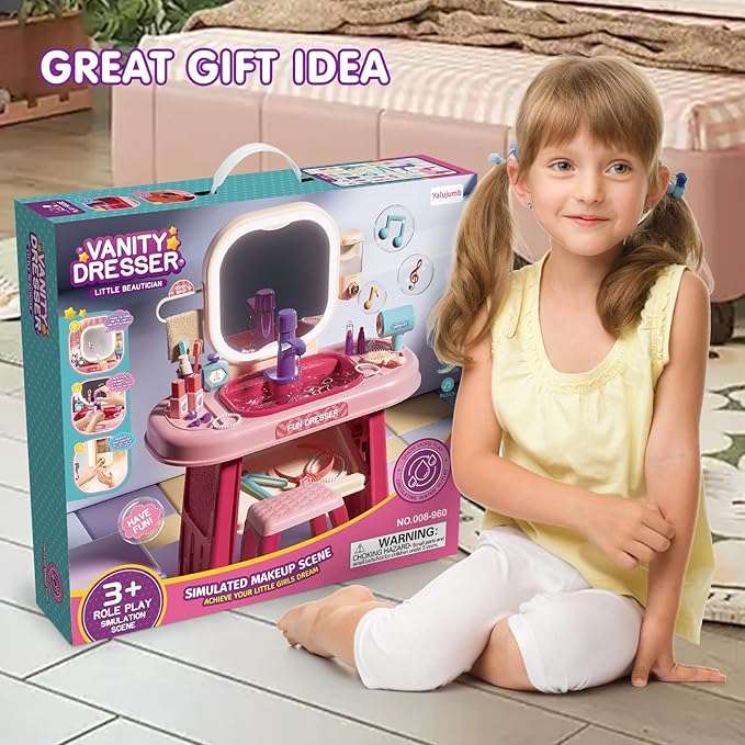 Pretend Play Girls Makeup Table Set with Stool,Kids Vanity Set with LED Lighted Mirror and Music，Toddler Beauty Salon Set with Makeup Accessories & Washbasin,Girls Vanity for Toddlers 3-5 Years Old