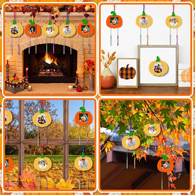 Fennoral 12 Pack Pumpkin Wind Chime Kit for Kids Make You Own Pumpkin Photo Frame Wind Chimes DIY Paint Fall Craft Wooden Ornaments for Art Project Autumn Thanksgiving Decoration