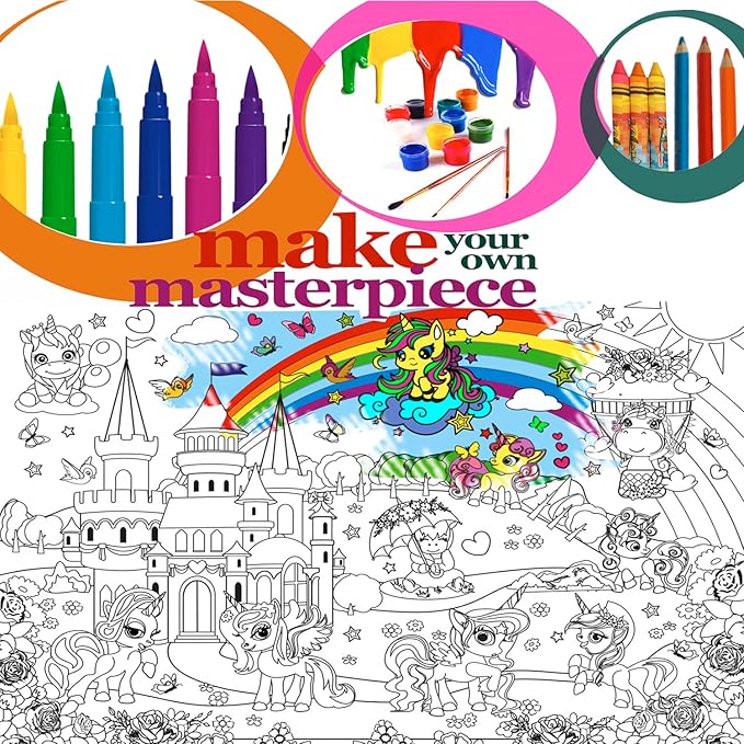 Unicorn Coloring Poster with Markers - Giant Coloring Posters for Kids Birthday Party - Large Coloring Sheets Jumbo Size - Arts and Crafts for Girls Activity - Huge Big Pages to Color on Floor Table