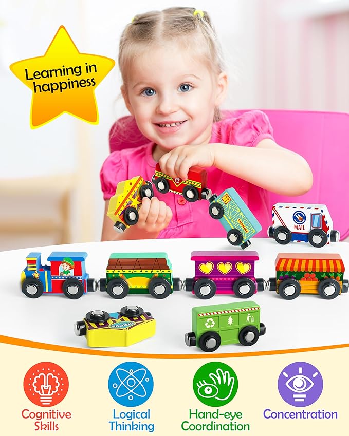 Vanmor Wooden Magnetic Train Set for Toddlers,10-Piece Educational Toy Cars with Magnets, Includes Storage Bag, Skill-Building Wooden Trains for Boys & Girls, for Kids 3-5 and 4-8 Years