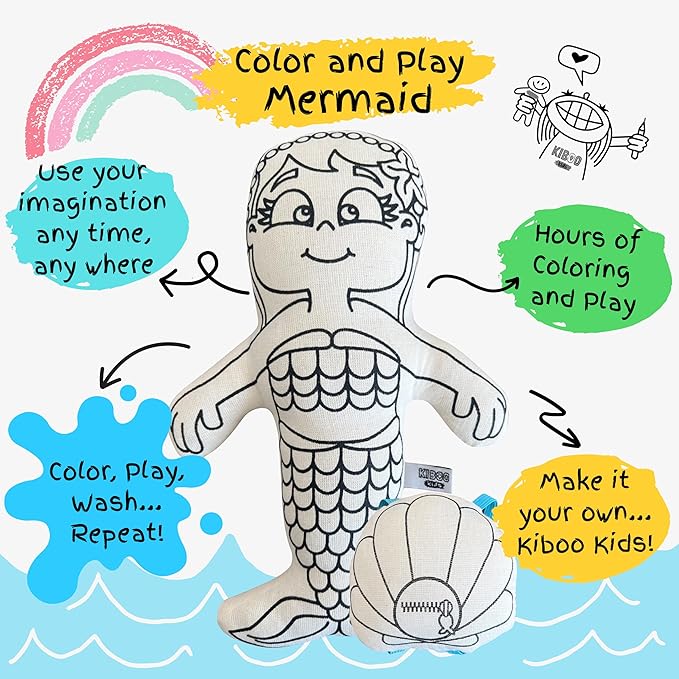 Kiboo Kids Color Your Doll - Coloring Toy for Kids - Educational Art and Crafts for Kids - Reusable Gift (9" Mermaid Doll with Mini Shell Doll Backpack and Washable Markers)