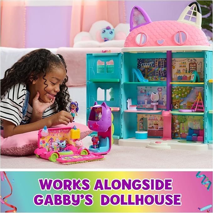 Gabby's Dollhouse Celebration Party Bus, Transforming Playset with Gabby & DJ Catnip Toy Figures & Dollhouse Accessories, Kids Toys for Ages 3 and Up