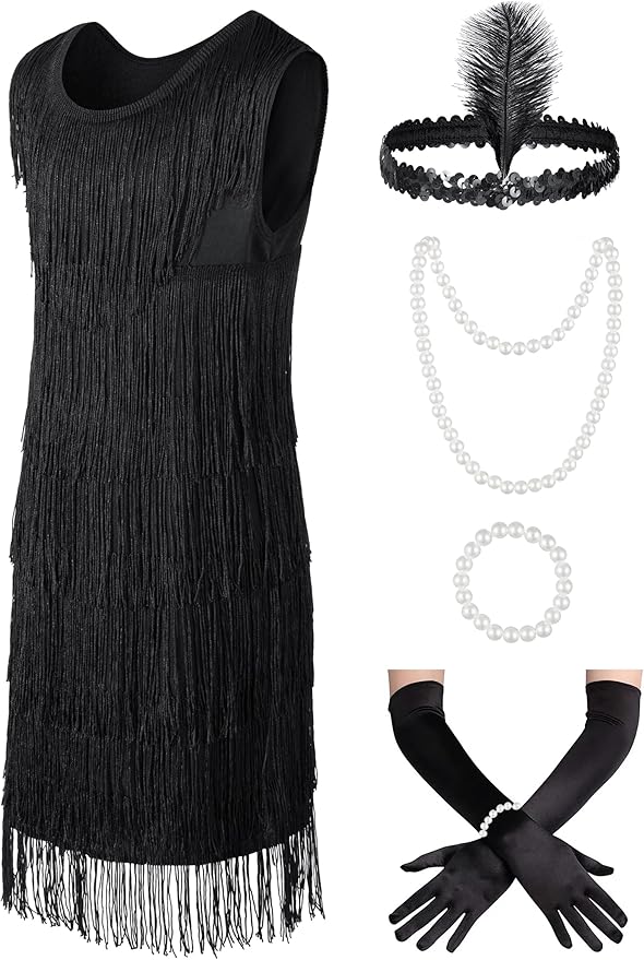 Kids 1920s Flapper Costume for Girls Dress with Accessories Set Kids Halloween Party Cosplay 4-12 Years