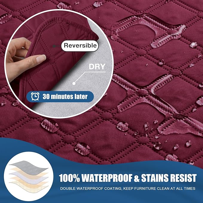 TAOCOCO 100% Waterproof Recliner Covers, Recliner Sofa Covers with Leg Straps, Reversible Recliner Couch Cover for Reclining Chair, Washable Couch Protector for Pets Kids(1 Seater 22", Wine)