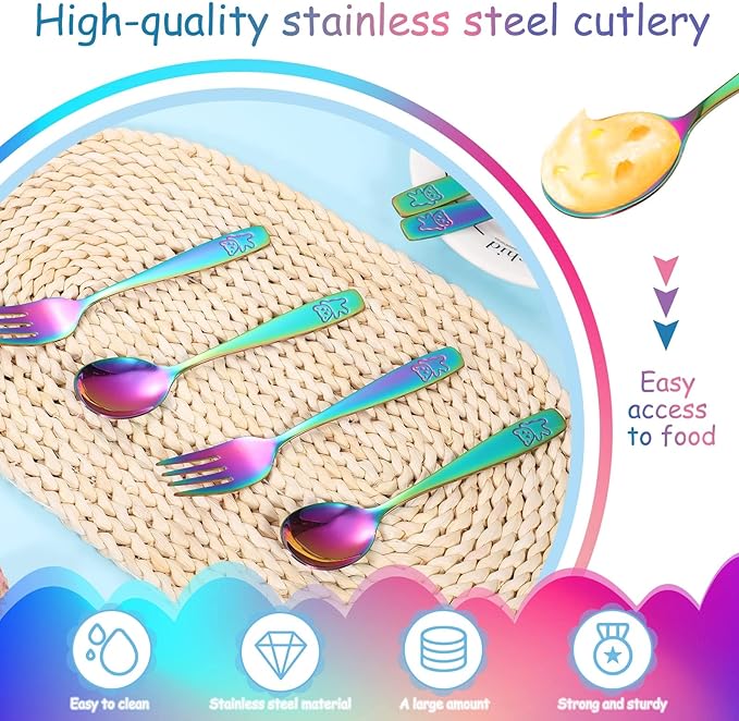 Pimoys 6 Pieces Rainbow Kids Silverware Stainless Steel Child and Toddler Utensils, Children's Safe Flatware Metal Cutlery Set Includes 2 Children Knives, 2 Forks & 2 Spoons