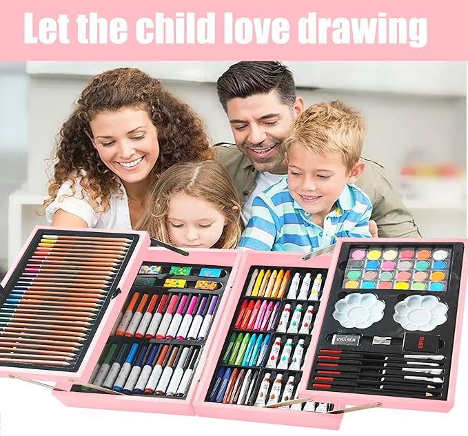 KINSPORY Art Supplies, 139 Pack Painting Drawing Art Kit with 2 Sketch Pads, Deluxe Double Layers Art Set Crafts, Colored Pencils, Oil Pastels, Watercolor Paints, Gift for Artists Kids (Rose Pink)