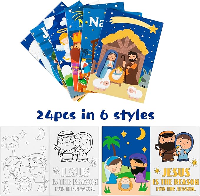 Dvbonike 24Pcs Nativity Coloring Books Christian Theme DIY Art Booklet with Cute Drawing Patterns Bible Savior Religious Christmas Gifts Sunday School Church Activity Supplies for Kids Age 4-8