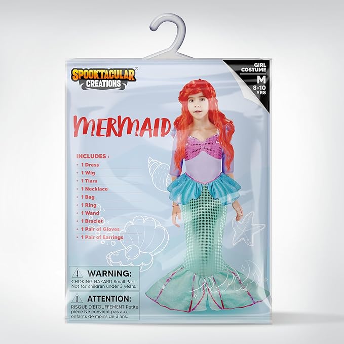 Spooktacular Creations Halloween Little Mermaid Costume for Girls, Sequin Mermaid Dress Set, Light Purple Princess Dress for Toddler Dress-Up, Cosplay Party (3T, 3-4 yrs)