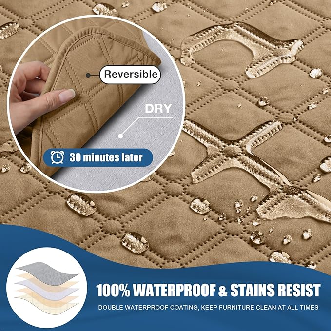 TAOCOCO 100% Waterproof Recliner Covers, Recliner Sofa Covers with Leg Straps, Reversible Recliner Couch Cover for Reclining Chair, Washable Couch Protector for Pets Kids(1 Seater 28", Camel)