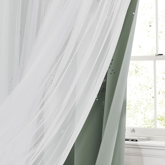 NICETOWN Nrsery Curtains for Girls Bedroom Nursery Room Darkening Curtains Star Moon Cutout Princess Room Decor for Daughter Bedroom Window, 52" Wide x 84" Long, 2 Panels, Sage Green