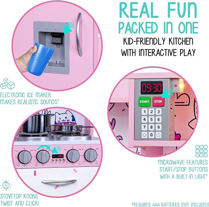 Lil' Jumbl Kids Kitchen Set, Pretend Wooden Play Kitchen, Battery Operated Icemaker & Microwave with Realistic Sound, Pots & Pan Included - Pink