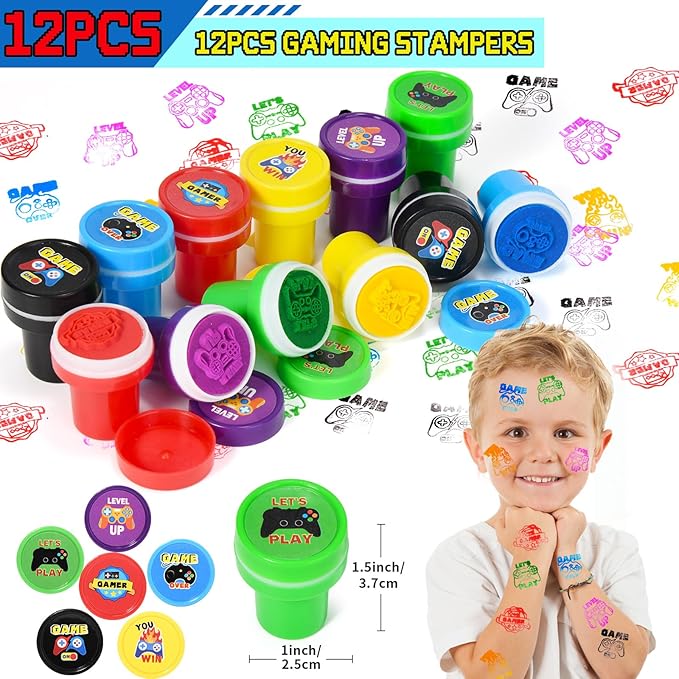 Winrayk Video Game Party Favors Gamer Birthday Supplies for Kids, Non Woven Bag Silicone Bracelet Stamper Glow Sticker Keychain 12 Sets Game on Pinata Filler Goody Bag Stuffer Boys Gaming Party Favors