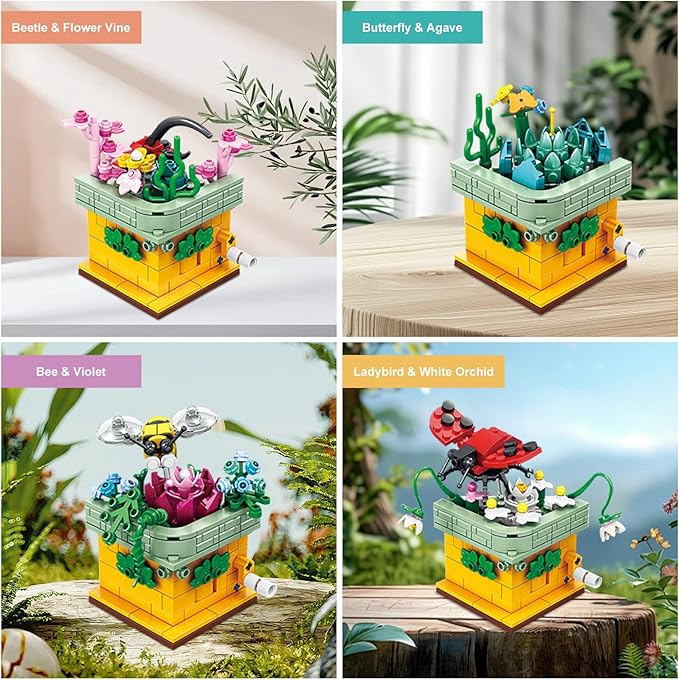 Toy Building Block, Insect Flowers Collection 4 in 1 Model Kit Bricks, Creative Insects Building Block Sets, Hobbies Christmas Birthday Gift for Nature Lovers Adult Kids Boys Girls 8+