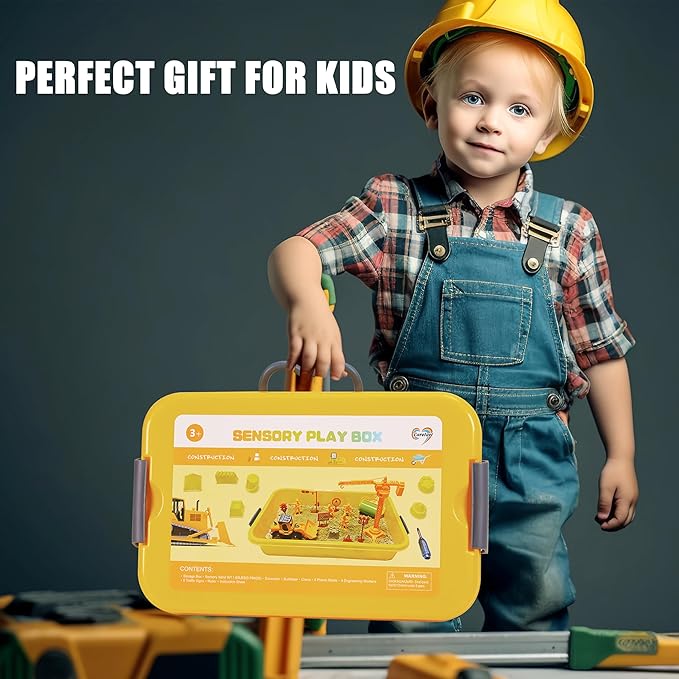 Construction Sensory Bin, Tractor Sand Playset Construction Sandbox with Toy Truck Play Sand and Signs, Sand Art Kit for Kids Ages 3 and up