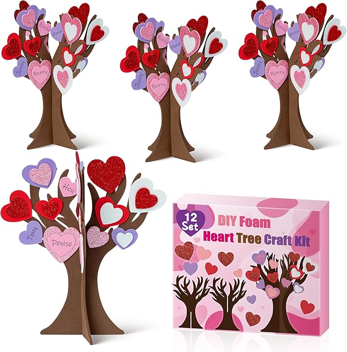 BeYumi 12 Pack Valentine’s Day Thankful Heart Trees Foam Craft Kits for Kids Make Your Own Valentine DIY Heart Trees Decorations Gratitude Tree Craft Set Holiday School Home Party Fun Activities Decor
