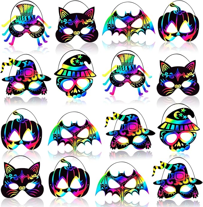 Max Fun 36PCS Halloween Rainbow Scratch Mask, Art Craft Kit for Kids Birthday Cosplay Classroom Decoration, Magic Scratch Paper Halloween Party Favor Supplies Bat Witch Pumpkin Zombie Pirate Skull