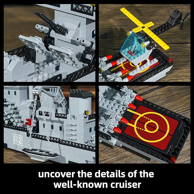 WW2 Military Battleship Building Block Set, Large-SizedCruiser Toy, Military Battle Ship Toy with Helicopter and City Lifeboat, A Gift Compatible with Lego Sets for Boys 8-14 & Adults (910pcs)