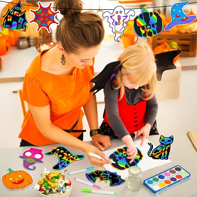 Garma Scratch Paper Craft for Kids - 36 Pcs Halloween Magic Rainbow Scratch Paper Off Cards Set for Kids Crafts Arts Supplies Halloween Ornaments Party Games Classroom Activities Birthday Gifts
