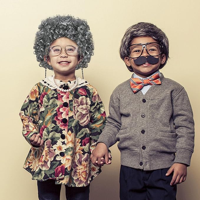 Old Lady Costume for Kids, 100th Day of School Cosplay Black White Curly Wig Glasses Wig Cap Necklace Bracelet Accessories