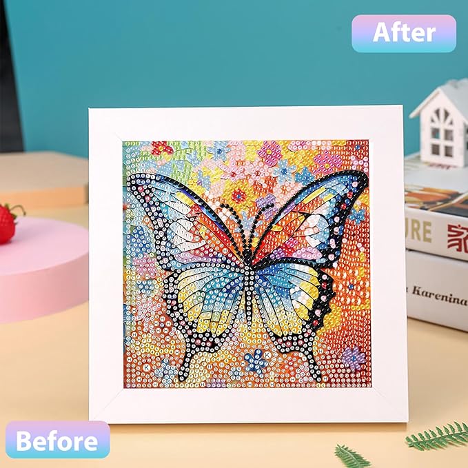 hkejoi Butterfly Diamond Art Painting Kits for Kids with Frame,Butterfly Diamond Art for Kids Ages 4-6-8-12,Easy Kids Gem Art Kit with Cartoon Box for Gift Home Wall Decor 7x7 inch