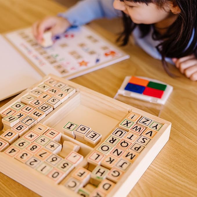 Melissa & Doug Deluxe Letters and Numbers Wooden Stamp Set ABCs 123s With Activity Book, 4-Color Stamp Pad ABC Stamps, Kids Arts & Crafts, Letter Stamps, For Kids Ages 4+ - FSC-Certified