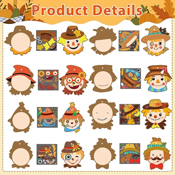 BeYumi 123Pcs Fall Scarecrow Head Craft Kit DIY Scarecrow Craft Autumn Thanksgiving Art Craft Make Your Own Scarecrow Head Set Home Classroom Game Activities Art Supplies Decor for Kindergarten Kids