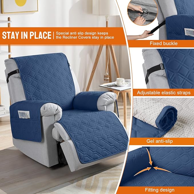 VANSOFY 100% Waterproof Recliner Chair Covers, Recliner Cover Non-Slip Dog Chair Cover Furniture Protector Washable Slipcover with Pocket, Elastic Straps for Pets, Dogs(Ocean Blue, 28")