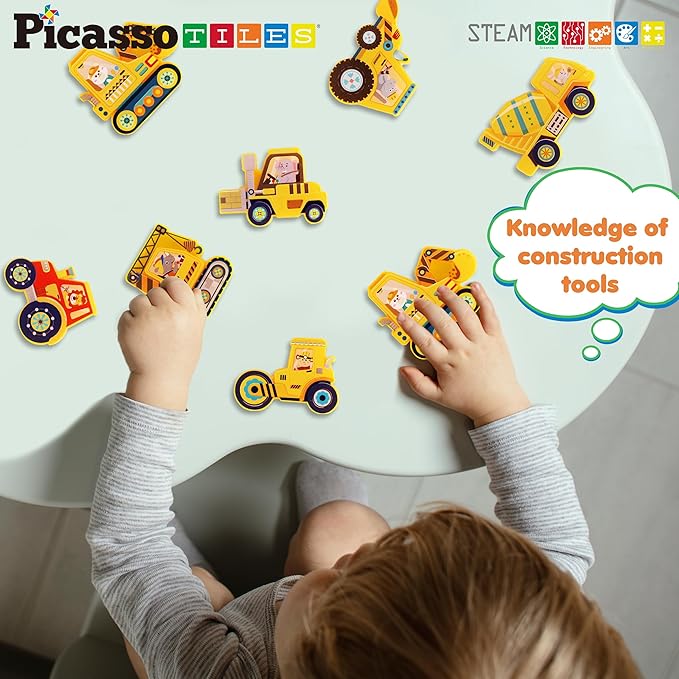 PicassoTiles Magnet Building Tile Blocks Addon 8 Magnetized Action Figures Construction Vehicle Zoo Animal Theme Compatible with Magnetic Build Tiles Playset STEM Learning Girls Boys Ages 3+ PTA21
