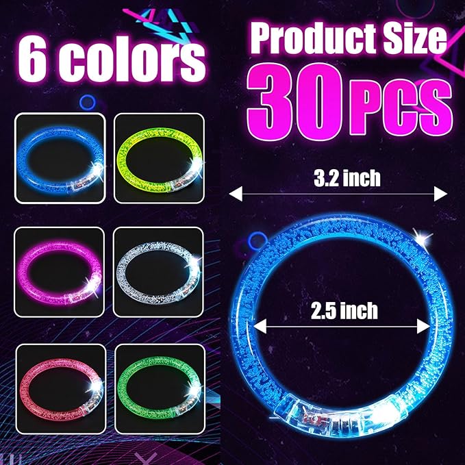 Jeffbaubl 30 Pcs LED Bracelets,6 Color Glow Sticks Bracelets,Light Up Bracelets,Glow Bracelets,Glow In The Dark Party Supplies for Kids Adults,Light Up Toys Gifts for Birthday Concert Carnival