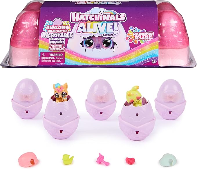 Hatchimals Alive, Rainbow Splash Egg Carton with 5 Mini Figures in Color Reveal Eggs & 10 Accessories, Kids Toys for Ages 3 and up