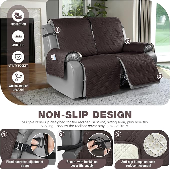 TAOCOCO 100% Waterproof Oversized Loveseat Recliner Cover, Non Slip Split Loveseat Covers for Reclining Loveseat with Elastic Straps for Kids Pets(Oversized 2 Seater, Coffee)