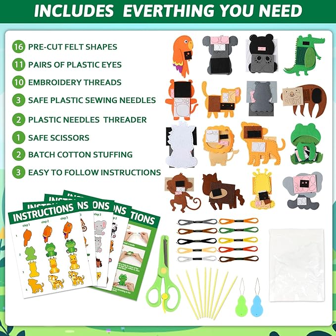 ZOIIWA 16 Sets Christmas Craft Jungle Animals Themed Sewing Kit for Kids Fun Craft for Boys Girls Felt Plush Craft Kit Sewing Kit Learn to Sew Kit Educational Beginners Sewing Stuffed Ornaments