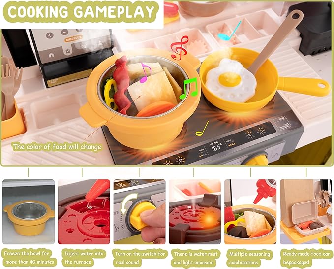 Kids Kitchen Play Set，Interactive Kids Kitchen Play Set with 88Pcs of Kitchen Toys，Realistic Sound Effects，and Simulated Functionality - Suitable for Toddlers (Yellow Kitchen Play Set)