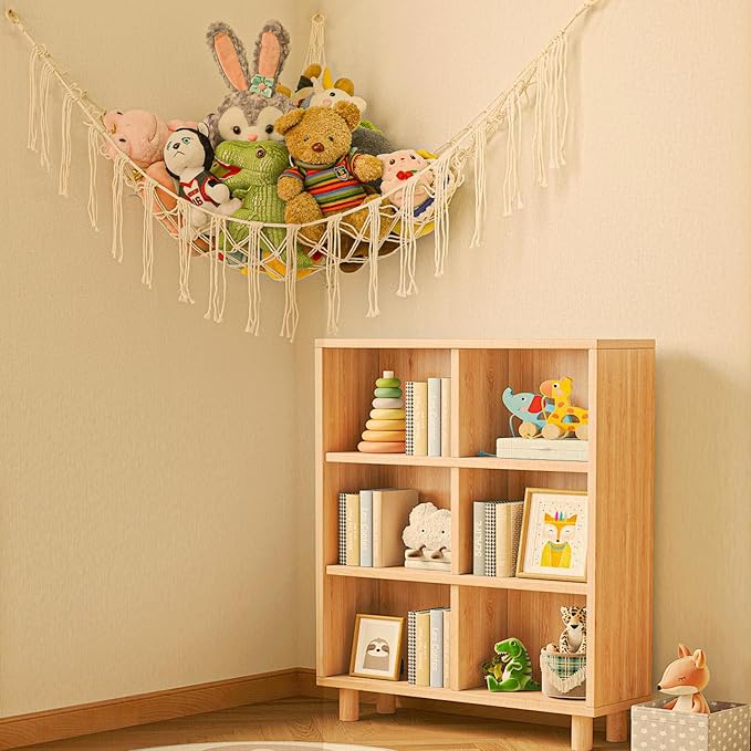 Boho Stuffed Animals Net or Hammock Large,55 inch Toy Hammock Macrame Stuff Animal Storage Corner Hanging Net Holder,Mesh Hammock Plush Toy Organizer with Hooks for Bedroom,Nursery (White)