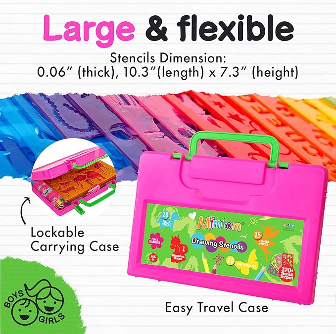 Drawing Stencil Kit for Kids, 60 PC Art Set with 370+ Shapes, Sketch Pad, and Colored Pencils for DIY Arts and Crafts for Boys and Girls, Draw with Letter, Animal and Car Stencils, Pink