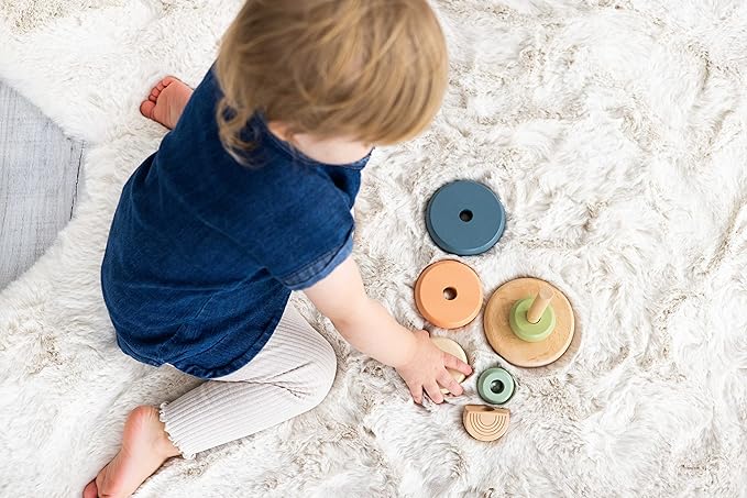 Pearhead Wooden Stacking Rainbow Toy, Baby and Toddler Ages 12+ Months Montessori Toy, Interactive Stackable Rings Learning Toy, Baby Girl or Baby Boy Nursery Accessory