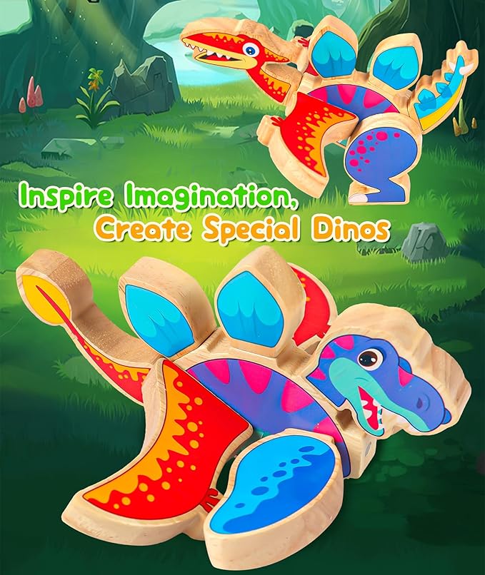 Dinosaur Building Blocks Set, Wooden Dino Blocks, Magnetic Dinosaur Builders, STEM Take Apart Dinosaurs Playset, Montessori Fine Motor Skills Educational Learning Toy Gift for 3 4 5 Years Kids