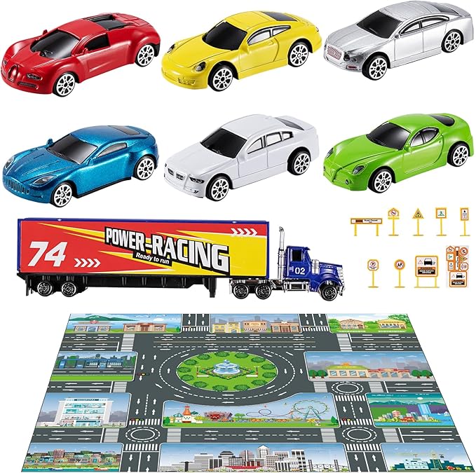 TEMI Diecast Racing Cars Toy Set w/Activity Play Mat, Truck Carrier, Alloy Metal Race Model Car & Assorted Vehicle Play Set for Kids, Boys & Girls