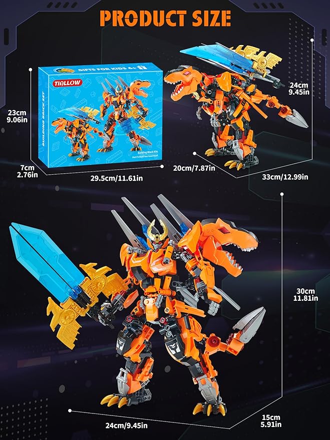 T-Rex Mech 2-in-1 Building Set, Dragon Transforming Building Blocks Toy, Dino Park Kit Dinosaurs Robot Action Figures Model, Birthday for Boys, Adult Age 8-12 (T-Rex)