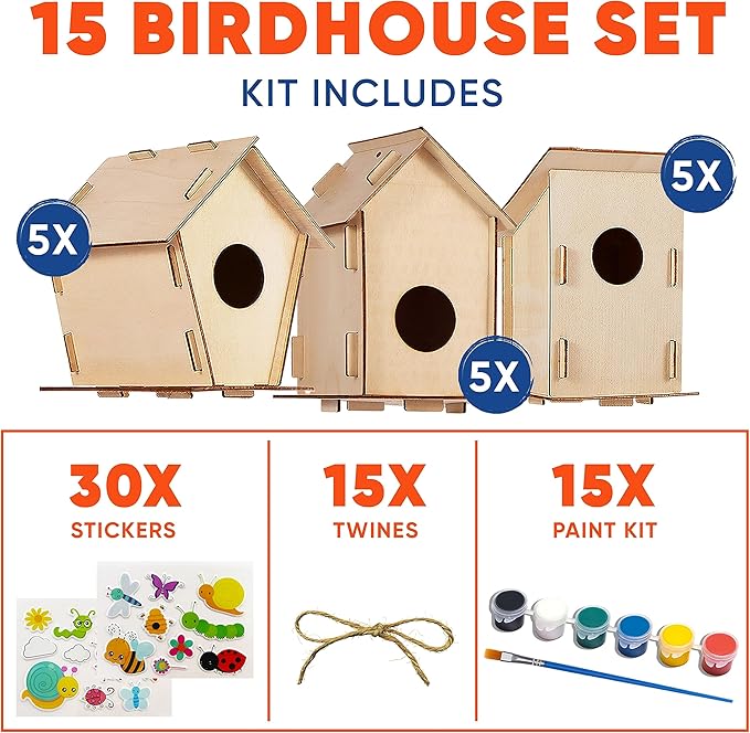 Birdhouse Kit - 15 Unfinished Wood Bird Houses for Children to Paint - Wood Craft Project Kits for Kids - Wooden Arts & Craft for Girls & Boys