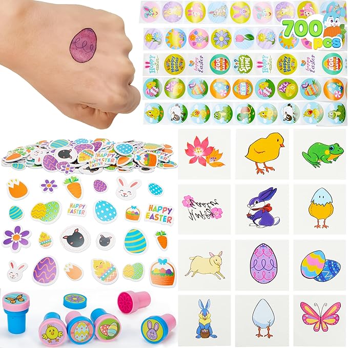 JOYIN Easter Crafts Assortment Kit with 500 Stickers, 144 Easter Shapes Adhesive, 60 Theme Temporary Tattoos and 6 Stampers (Over 700 Pcs) for Egg Basket Stuffers Fillers
