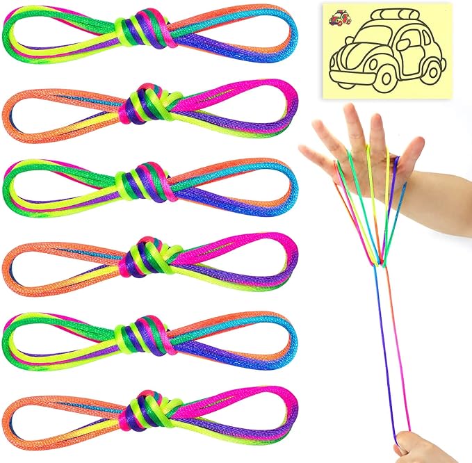 SONGTIY 6PCS Cats Cradle String, 65 Inch Long Rainbow Colourful Finger Rope, Chinese Finger String Games Toy for Kids, Adults, Children's Day, with A Sand Painting