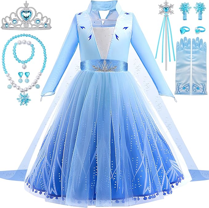 Latocos 13Pcs Elsa Dress Costume for Girls 3-10 Princess Dress Up Clothes for Girls with Accessories Halloween Party